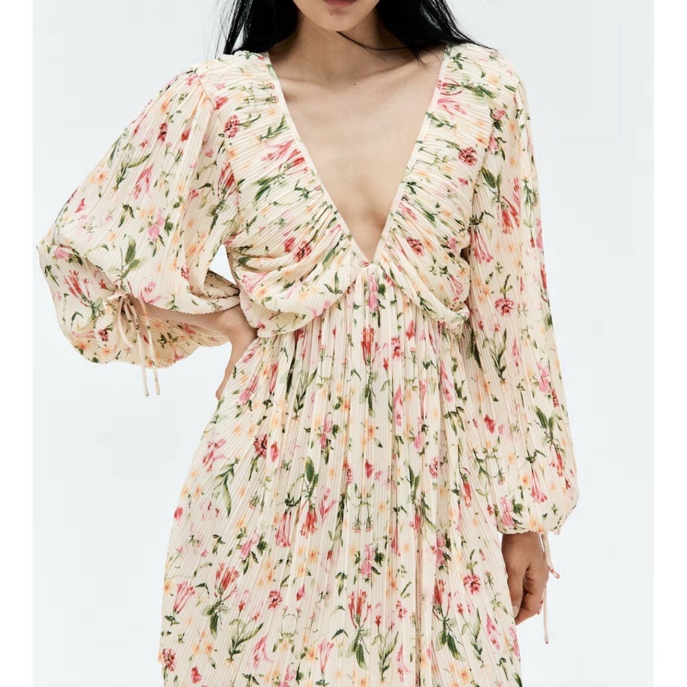 H&M Cream Floral Pleated Mini Dress with Pink & Green Accents